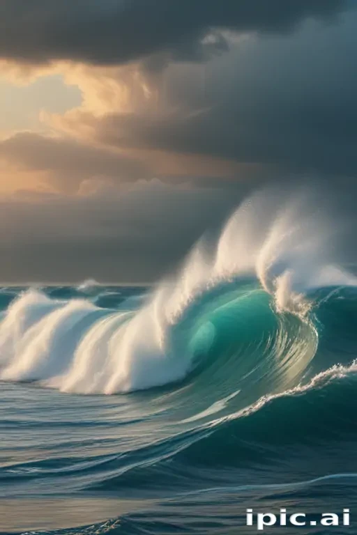 Majestic Ocean Waves Crashing Under a Dramatic Cloudy Sky at Sunset