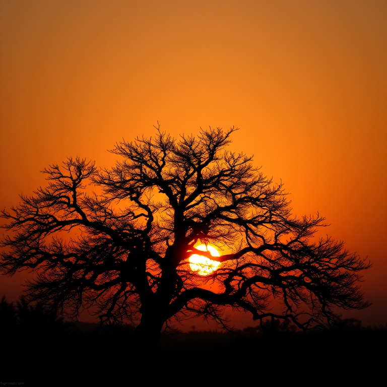 Generate a high-resolution image of a silhouette of a tree against a sunset background, using a Canon EOS R5 camera with a 50mm lens, aperture set at f/1.8, ISO 100, and a focus on a low-angle view to enhance depth and detail.
