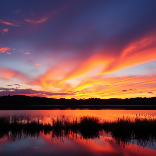 Create an image of a serene sunset over a lake with vibrant orange and purple hues reflecting on the water, captured in landscape orientation using a DSLR camera, aperture f/8, shutter speed 1/125 sec, ISO 100, and a wide-angle lens to enhance depth and clarity.