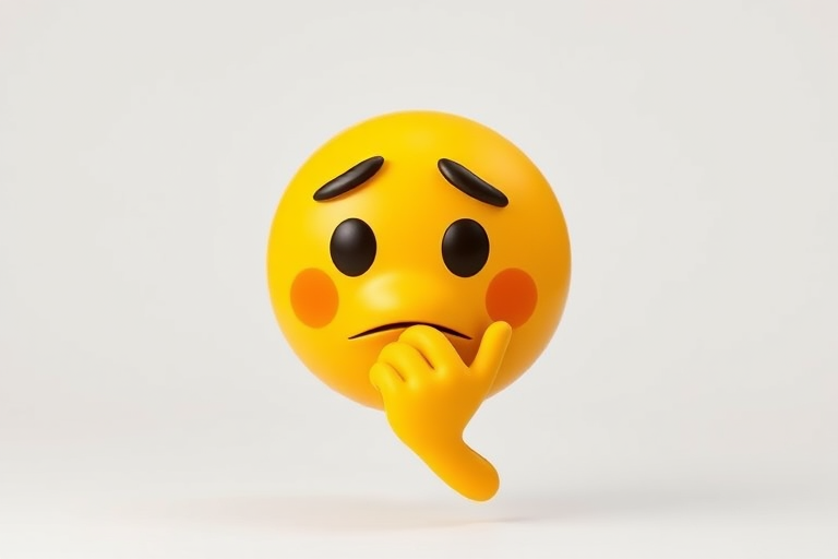 Create an image of a thoughtful yellow emoji with raised eyebrows and a hand on its chin, use a Canon EOS R5 camera, set aperture to f/2.8, shutter speed at 1/250s, ISO 100, in a studio setting with soft lighting and a plain white background for enhanced clarity.