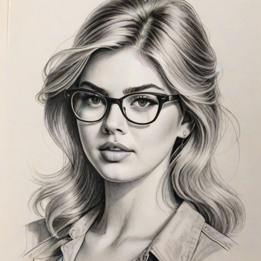 Attractive Kate Upton, pencil sketch, portrait of Resplendent woman 1970s in glasses, hair style beatnik, outline, clear lines, fine lines, 8k