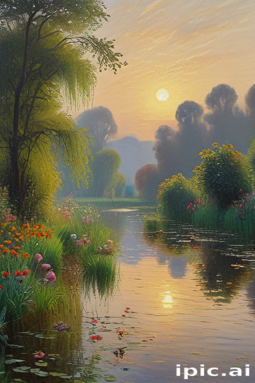 Serene Sunset Over a Tranquil River Surrounded by Lush Greenery and ...