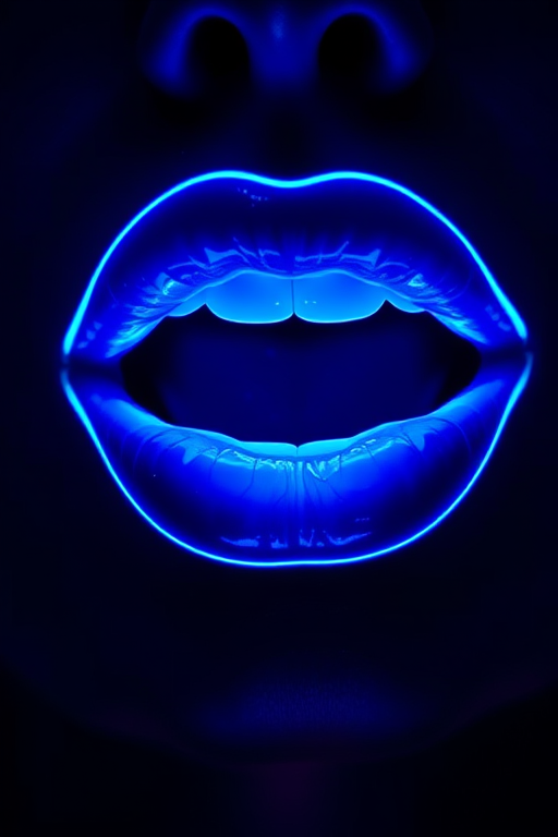 Vibrant neon lips glowing in electric blue with a glossy finish, emitting an otherworldly radiance that captivates and mesmerizes