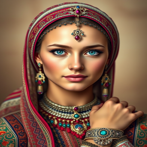 Create a portrait of a beautiful Circassian woman with striking cyan eyes and a gentle expression. She is adorned in traditional attire with intricate patterns, including a richly embroidered headscarf and matching garments. Her jewelry includes a delicate headpiece, dangling earrings, and ornate bracelets, all featuring vibrant gemstones and detailed metalwork. The background is soft and warm, enhancing the rich colors of her outfit and jewelry.