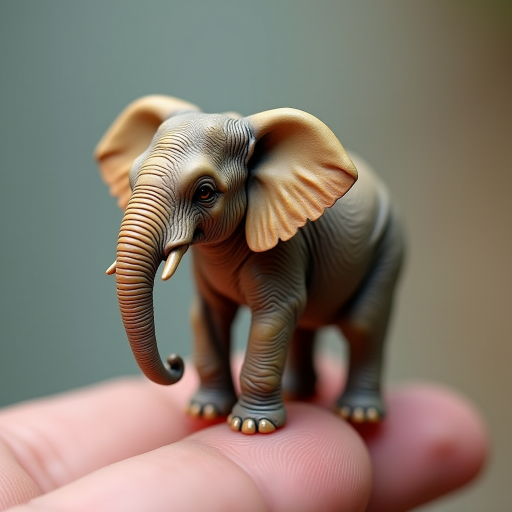 An extremely hyper-realistic elephant, its whole body fits perfectly in someone's finger. The elephant has rare colors and is extremely adorable. The elephant is extremely cute, making it eye-catching when enlarged. And standing on 2 legs