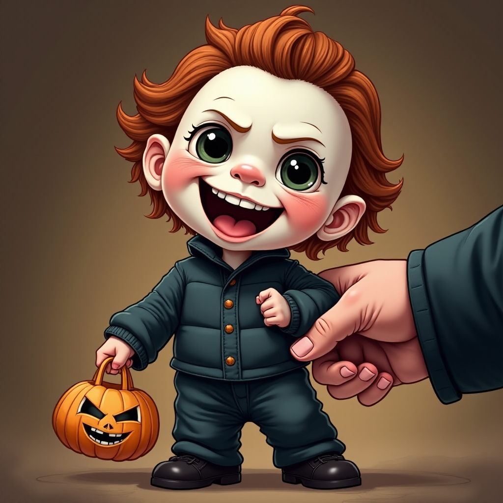 A whimsical caricature of a child version of Michael Myers, grinning mischievously. He is held by the hand of an unrecognizable person (only their hand visible), while holding a bag labeled 'Trick or Treat.' His facial expression is playful yet slightly menacing, reflecting his iconic figure. The scene is in portrait format with a Halloween theme, featuring exaggerated cartoon details like big eyes, a small body, and a creepy yet light-hearted tone.