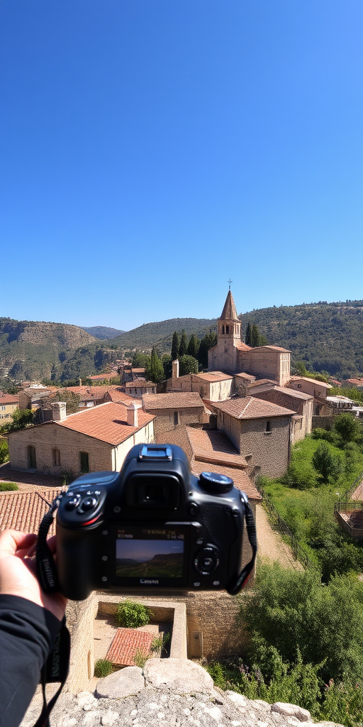 capture a panoramic view of a quaint village nestled in the hills, with stone buildings and a church tower under a clear blue sky, using a DSLR camera with a 24mm lens, f/8 aperture, ISO 100, 1/250 sec shutter speed, and vibrant color settings to enhance image quality and depth.