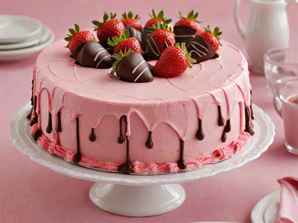 Create an image of a round cake with a base of pink frosting. The top should be adorned with swirls of pink icing and decorated with chocolate-covered strawberries. Include chocolate drips along the sides of the cake for an elegant finish.