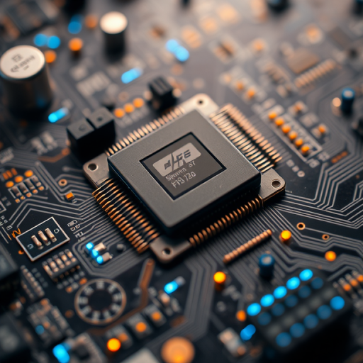 macro shot of a high-tech microprocessor on a circuit board illuminated with blue and gold LED lights, 50mm f/1.8 lens, ISO 100, aperture priority mode, shot at 1/125s, top-down view, DSLR camera