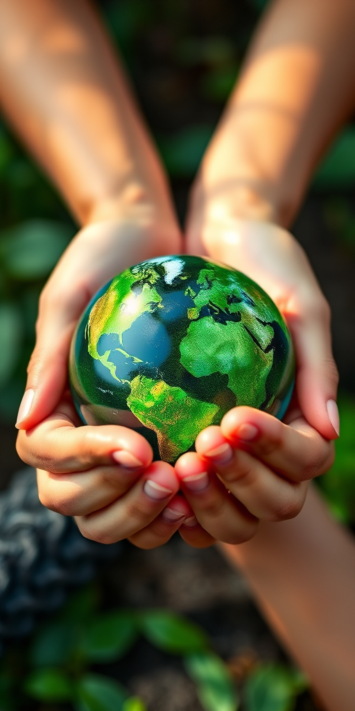 Create a high-resolution vector illustration of two hands gently holding a green earth with a focus on environmental sustainability, using a digital camera with ISO 100, f/8 aperture, 50mm lens, taken from a close-up view to enhance the details and colors.