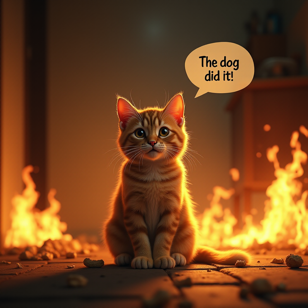 Photorealistic image of an innocent-looking cat sitting calmly in the middle of a burning room. Flames engulf the room, with fire licking up the walls and smoke filling the air. The cat is sitting on the floor, looking directly at the viewer with wide, innocent eyes. Above the cat, a speech bubble says "The dog did it!" The contrast between the cat's calm demeanor and the chaos around it creates a humorous and surreal scene.