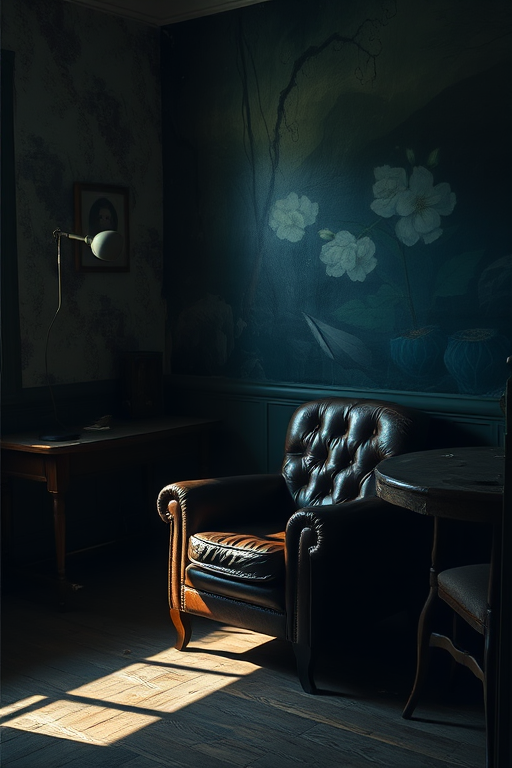 Create a dimly lit interior scene featuring a distressed leather armchair and a wooden table in a room with peeling wallpaper and a smoky mural, shot with a Canon EOS R5, 24mm lens, f/2.8 aperture, ISO 200, 1/60 sec shutter speed, using soft natural light from a nearby window to enhance shadows and textures.