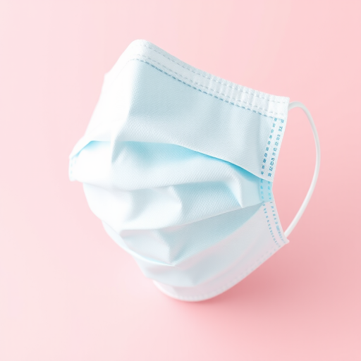 create a high-resolution vector illustration of a surgical mask on a light pink background, focus on details of the mask texture and layers, use a soft focus lens, employ a shallow depth of field, set aperture to f/4, ISO 100, and a 35mm lens.