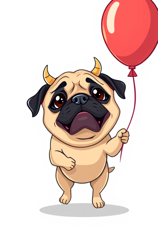 Create a cartoon-style illustration of a playful pug with a balloon, featuring exaggerated features like small horns and a droopy expression, captured with a Canon EOS 5D Mark IV, 50mm lens, f/2.8 aperture, 1/125s shutter speed, and vibrant colors against a simple background for enhanced contrast.