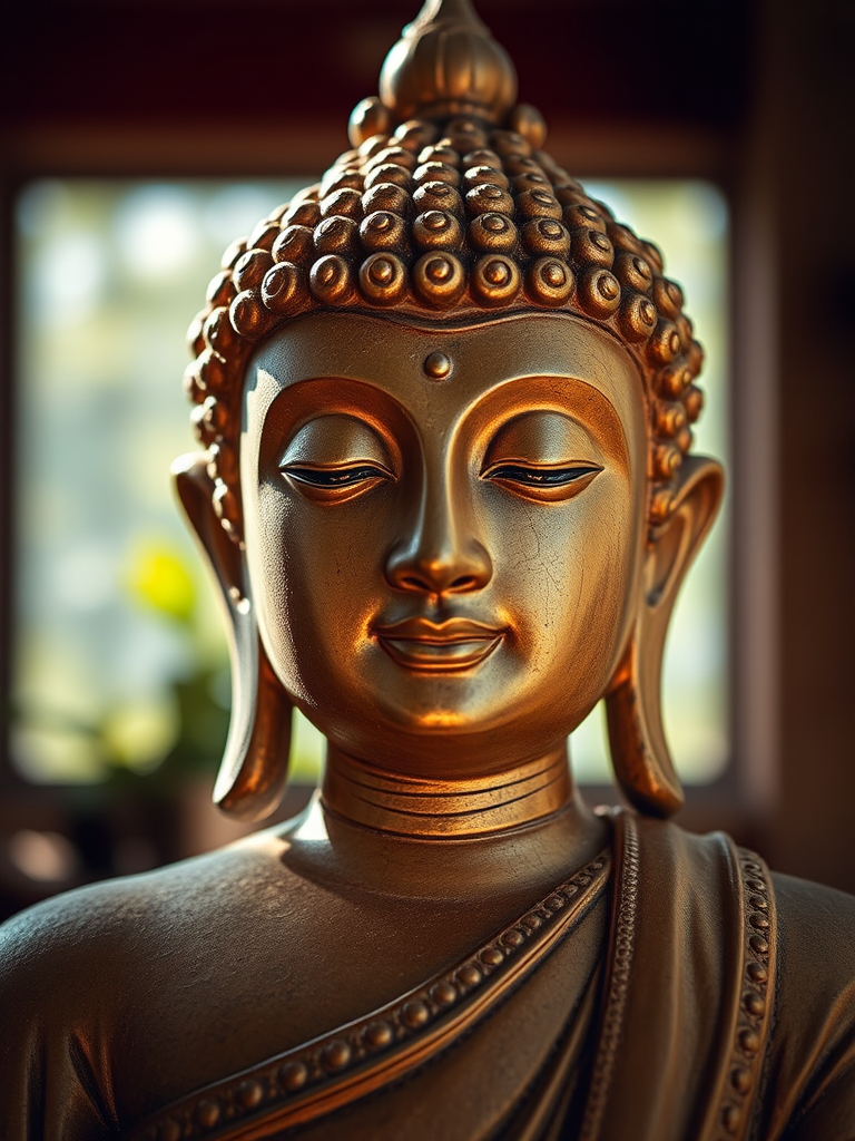 Regenerate an image of a serene Buddha statue with a close-up view, captured in soft natural lighting, using a DSLR camera with a 50mm f/1.8 lens, aperture set at f/2.8, ISO 100, and a shallow depth of field to emphasize the intricate details and textures.