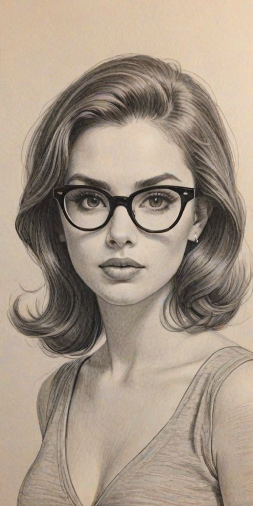 Delightful Scarlett Estevez, pencil sketch, portrait of Gorgeous woman 1965s in glasses, hair style beatnik, outline, clear lines, fine lines, 8k