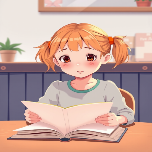 illustration of a young girl with pigtails and orange hair ties sitting at a table reading a book, soft pastel colors, focus on facial expression, high resolution, DSLR camera, aperture f/2.8, ISO 100, 50mm lens, soft lighting, shallow depth of field