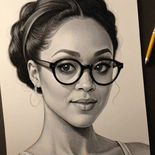 Splendid Tia Mowry, pencil sketch, portrait of Stunning woman 1967s in glasses, hair style beatnik, outline, clear lines, fine lines, 8k