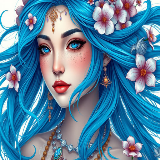 Create a highly detailed digital illustration of a young woman with flowing blue hair adorned with flowers and jewelry, featuring intricate patterns and a serene expression, captured in a portrait style using a high-resolution DSLR camera, f/2.8 aperture, 50mm lens, soft lighting to enhance skin tone and details, with an emphasis on vibrant blue hues and delicate textures.