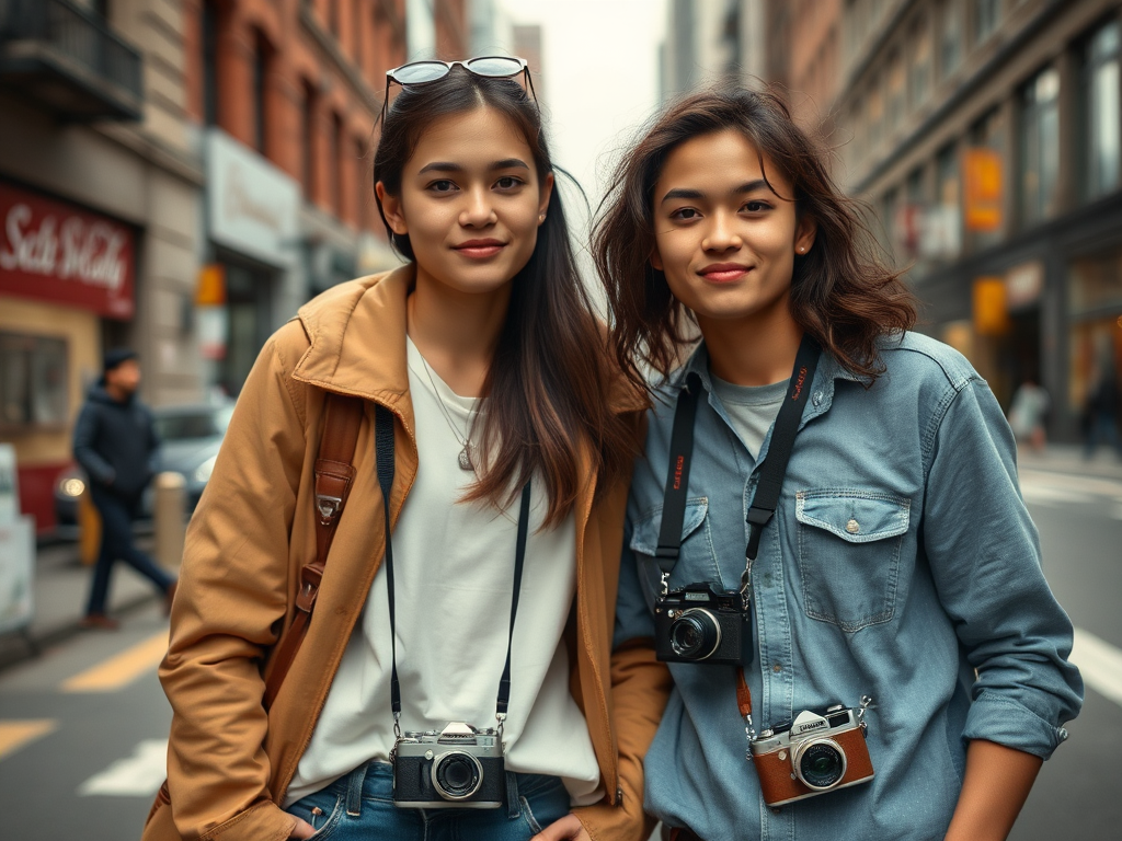 Capture a candid moment of two individuals in casual attire standing close together on a city street, with retro cameras hanging from their waists, using a full-frame DSLR with a 50mm lens, aperture set to f/2.8 for a shallow depth of field, ISO at 400, and a shutter speed of 1/125 sec, focusing on the dynamic urban background for enhanced detail and perspective.
