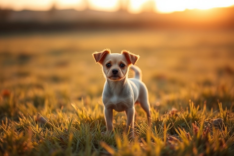 A small dog standing in a grassy field during golden hour with soft lighting, using a DSLR camera with a 50mm f/1.8 lens, aperture set to f/2.8, shutter speed of 1/200s, ISO 200, shot from eye level for a natural perspective.