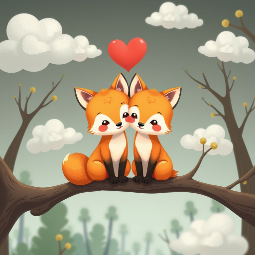 Two cute cartoon foxes sitting together on a branch with a heart above them, surrounded by soft clouds and trees, high-resolution, 300dpi, wide-angle lens, f/2.8, natural lighting, digital illustration style.