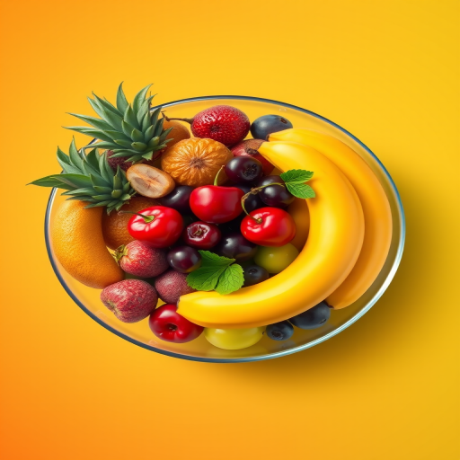 Create a vibrant digital illustration of a fruit bowl filled with various fruits like cherries, bananas, and grapes on a smooth glass bowl against a gradient orange to green background, shot with a DSLR camera at f/2.8, 50mm lens, ISO 100, top-down view for maximum detail and sharpness.