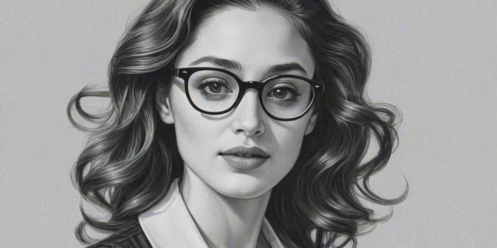 Alluring Emmy Rossum, pencil sketch, portrait of Fetching woman 1945s in glasses, hair style beatnik, outline, clear lines, fine lines, 8k