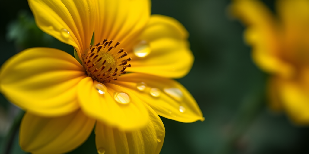 macro shot of a vibrant yellow flower with raindrops on its petals, softly blurred background, f/2.8 aperture, 1/200 sec shutter speed, ISO 100, taken with a DSLR camera using a 100mm lens