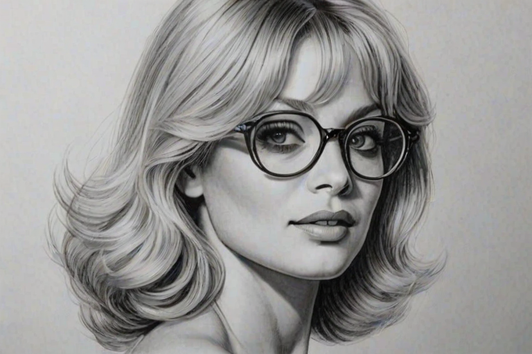 Beauteous Goldie Hawn, pencil sketch, portrait of Fascinating woman 1938s in glasses, hair style beatnik, outline, clear lines, fine lines, 8k