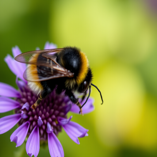 Close-up shot of a bumblebee on a purple flower with a blurred green background, using a macro lens at f/2.8 aperture, 1/200 sec shutter speed, ISO 100, natural lighting, 50mm camera lens on a DSLR.