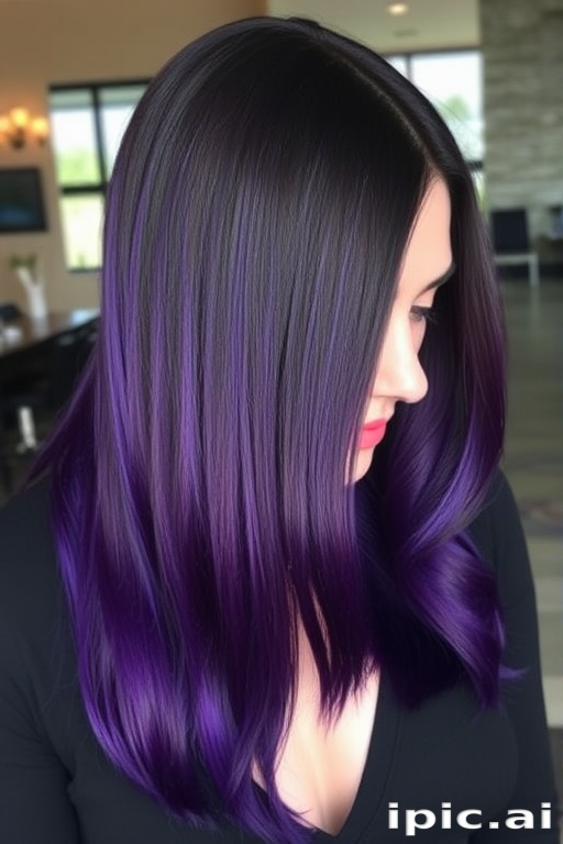 Regal deep purple to indigo ombre flows from dark roots to jewel-toned ends, styled in sleek straight strands with a glass-like shine