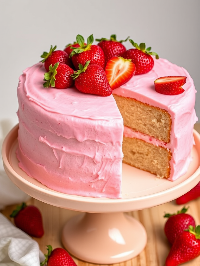 A beautifully frosted pink strawberry cake with fresh strawberry slices on top displayed on a light-colored cake stand, with a slice cut out to reveal the moist cake inside.