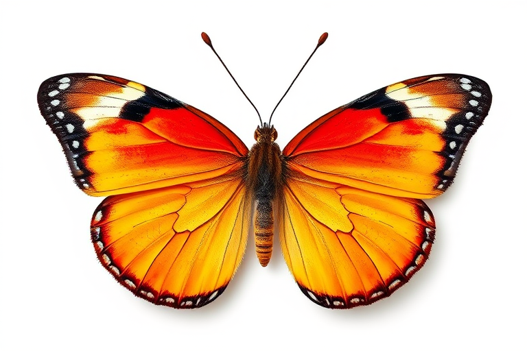 Create a vibrant illustration of a butterfly with orange and yellow gradient wings on a plain white background, using a macro lens with a shallow depth of field, set at f/2.8, ISO 100, and a focal length of 100mm to capture intricate wing details.