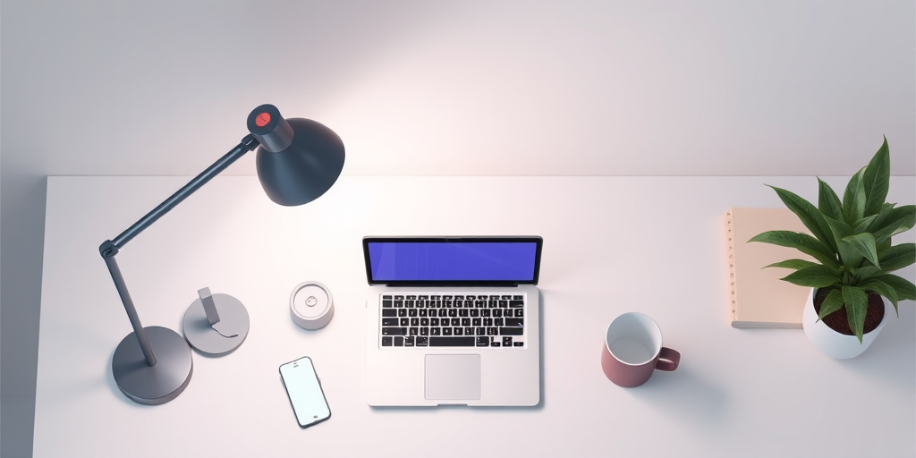 create a digital illustration of a modern desk setup featuring a laptop, a lamp, and a coffee mug, using a clean minimalist style, shot from a top-down view, with 4K resolution, f/2.8 aperture, and a balanced lighting setup to enhance color vibrancy and detail.