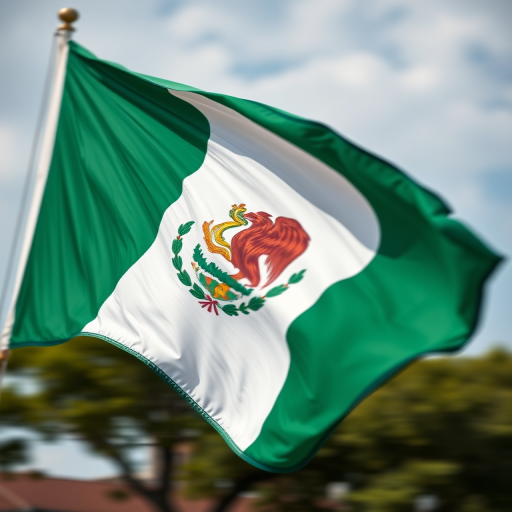 Generate a high-resolution image of the Mexican flag waving in the wind, using a DSLR camera with a 50mm lens, aperture set to f/2.8, ISO 100, and captured at a low angle with a slight motion blur to convey movement.