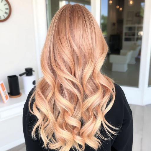 Rose gold balayage on long beachy waves, Blushing Sands style, blending warm pink tones with golden blonde for a romantic, sun-kissed effect