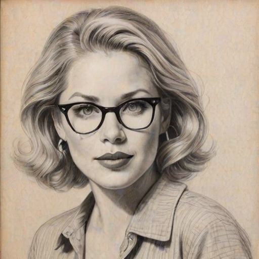 Wonderful Christina Applegate, pencil sketch, portrait of Bewitching woman 1942s in glasses, hair style beatnik, outline, clear lines, fine lines, 8k