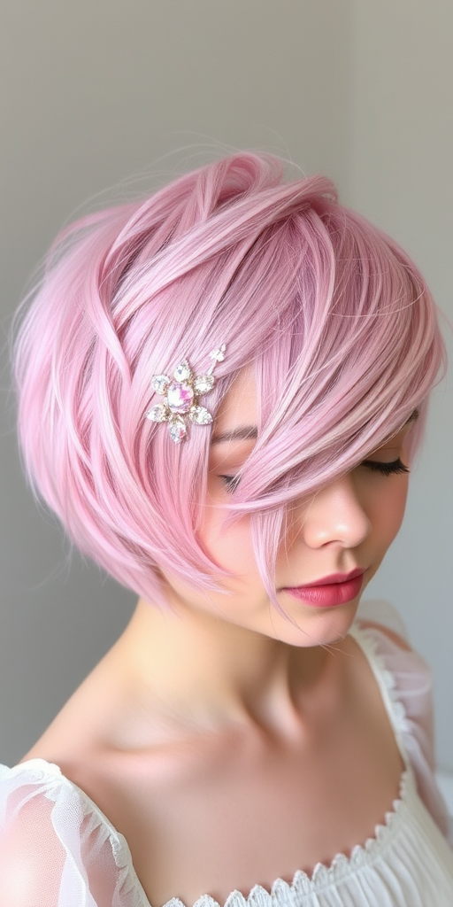 Ethereal pastel pink pixie cut with textured layers and wispy bangs, adorned with delicate crystal hair pins named "Cotton Candy Dreams" evoking whimsy and innocence
