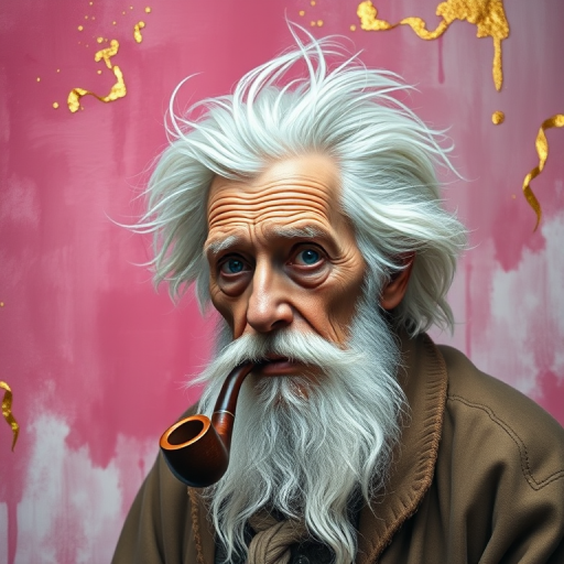 Create a highly detailed digital painting of a wise old man with wild white hair and a pipe, set against a luxurious abstract background with rich pink tones and gold accents, using a Canon EOS R5 camera with a 50mm lens, aperture f/1.8, ISO 100, and a soft focus to enhance the image quality.