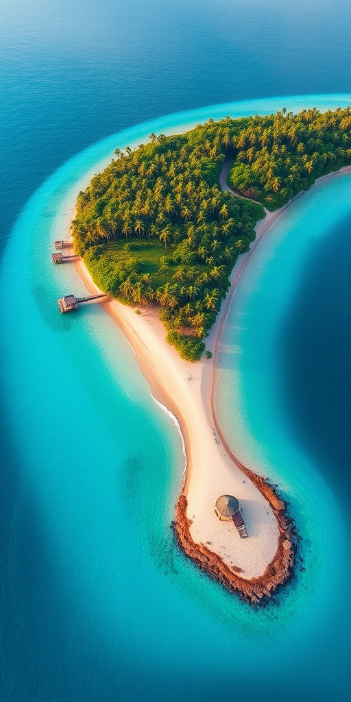 Create a vibrant tropical island scene featuring a lush, green island on the left with palm trees and sandy beaches, and a smaller sandy island on the right surrounded by clear blue water, shot with a DSLR camera at f/8 with a 24mm lens, HDR settings, vibrant color profile, and top-down aerial view.