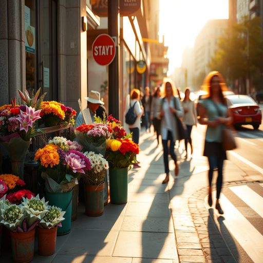 Blurry, candid photo of a street vendor selling flowers on a busy city corner, colorful bouquets arranged in buckets, pedestrians rushing by, soft sunlight casting long shadows, the distant sound of honking cars and soft chatter filling the air.