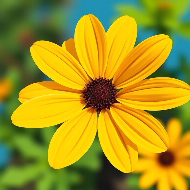 Create an illustration of a bright yellow flower with a dark brown center, captured from a top-down perspective using a DSLR camera with a 50mm lens, aperture set to f/2.8, ISO 100, and a slightly blurred background for enhanced depth of field.