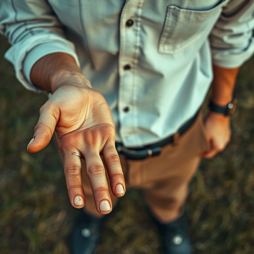 detailed edges, detailed image, perfection style, A cinematic detailed high angle from above image of a man with dirty hands and dirt on them, movie themed, sharp, detailed background, epic cinematic photography, artistic style, dramatic light style, cinematic color style, Kodak 35mm film style, detailed style, hand focus style, solo, shirt, 1boy, jewelry, male focus, outdoors, belt, pants, blurry, blurry background, ring, close-up, black belt, brown pants, multiple boys, 2boys, realistic, wedding ring, grass, yaoi, outstretched hand, hand focus