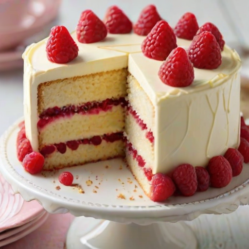 Generate an image of a slice of layered cake with a creamy texture. The cake should have distinct layers with a light color and a smooth frosting on top. Decorate the cake with fresh raspberries on the surface. Include a clean, simple background to emphasize the cake's details.
