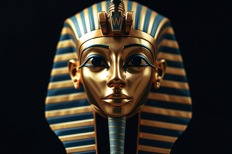 Create a highly detailed image of an ancient Egyptian pharaoh's mask, using a Canon EOS R5 with a 50mm f/1.2 lens at ISO 100, aperture f/2.8, and a shutter speed of 1/125s, captured in soft natural lighting from a front view, emphasizing intricate gold and turquoise decorations against a dark background for depth and contrast.