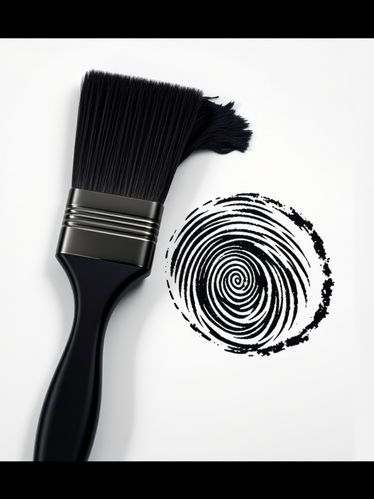 Create a high-resolution image of a black paintbrush with bristles, positioned next to a circular black paint smudge that resembles a fingerprint, shot with a Canon EOS R5 at f/2.8, 50mm lens, with softbox lighting, in macro view to enhance details and clarity.