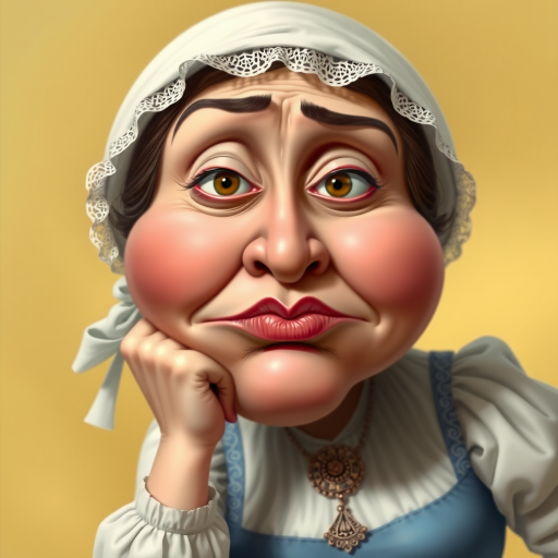 The image is a caricature of a woman with exaggerated features. She is wearing a white bonnet with lace trim and a white blouse with a blue bodice. She is leaning her chin on her hand with a bored or tired expression. Her lips are full and pouty, her cheeks are round and puffy, and her eyes are wide and slightly crossed. Her nose is long and thin, and her brows are furrowed. She is wearing a necklace with a large, ornate pendant. The background is a soft, blurry yellow. The overall effect is humorous and slightly grotesque.