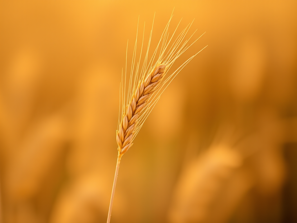 macro shot of a single wheat stalk against a blurred golden background, 50mm lens, aperture f/2.8, shutter speed 1/200 sec, ISO 100, natural light, DSLR camera