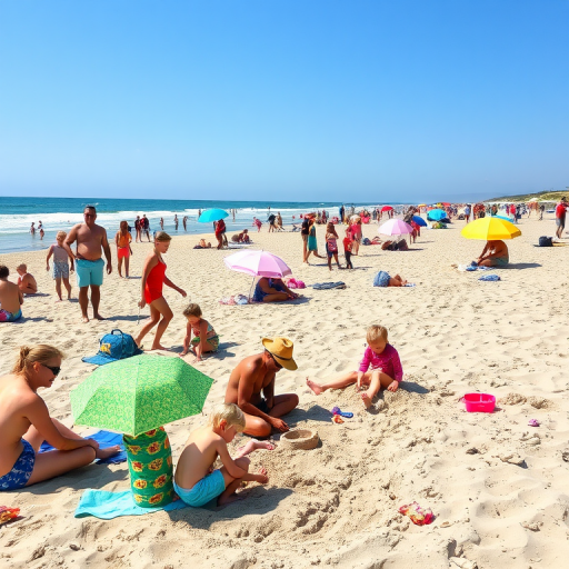 Lively beach scene during summer, with families enjoying the sun, children building sandcastles, and colorful umbrellas dotting the sandy shore, capturing the essence of a perfect day.